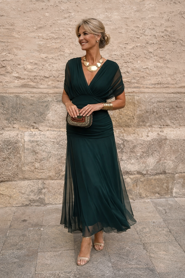 Chiffon Maxi Dress V-Neck Short Sleeve Women
