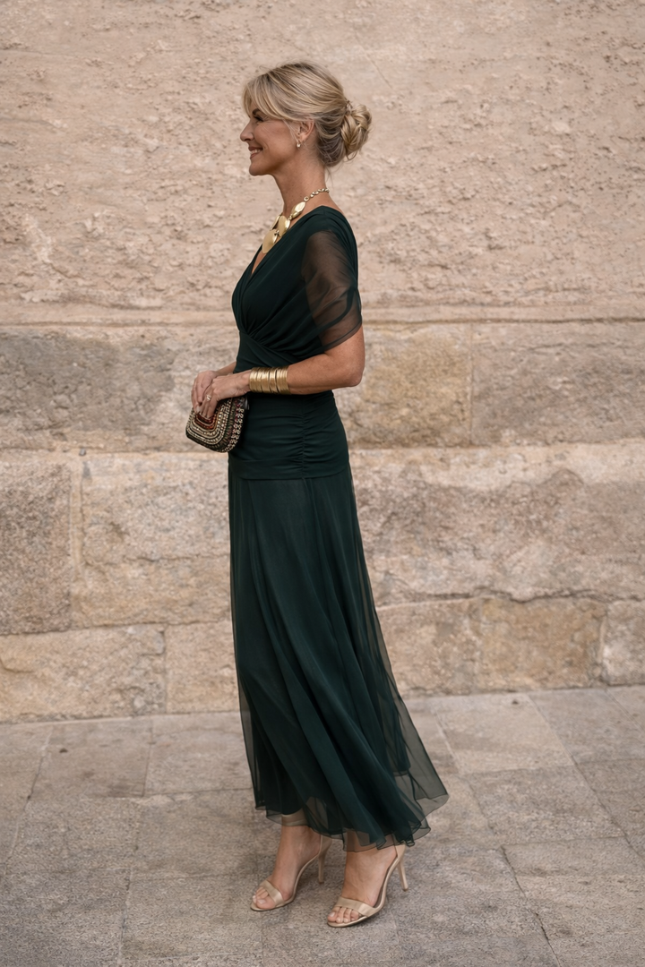 Chiffon Maxi Dress V-Neck Short Sleeve Women