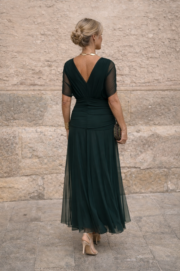 Chiffon Maxi Dress V-Neck Short Sleeve Women