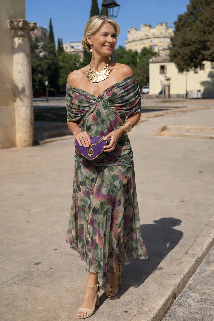 Chiffon Maxi Dress V-Neck Short Sleeve Women