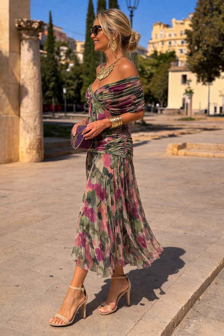 Chiffon Maxi Dress V-Neck Short Sleeve Women