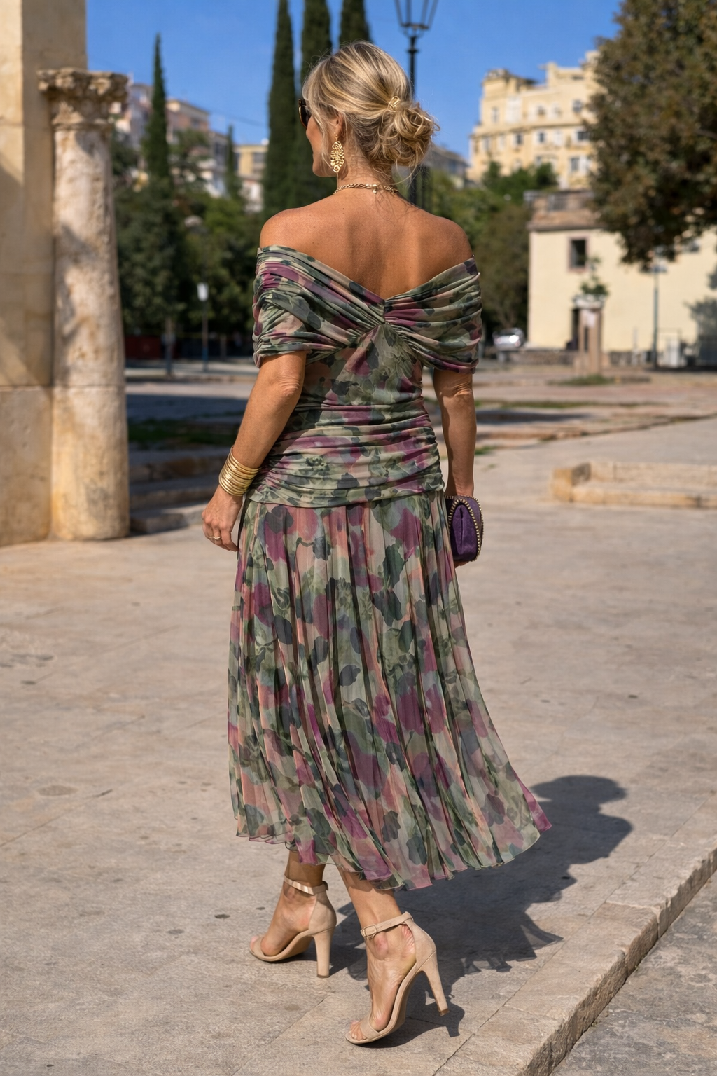 Chiffon Maxi Dress V-Neck Short Sleeve Women