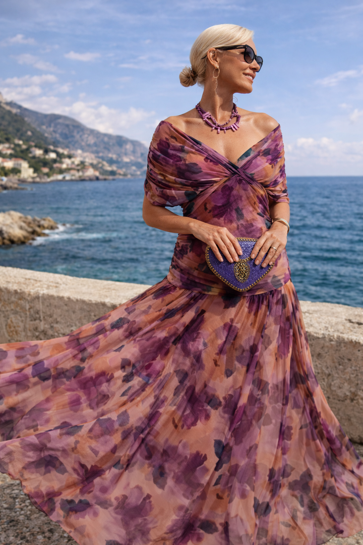 Chiffon Maxi Dress V-Neck Short Sleeve Women