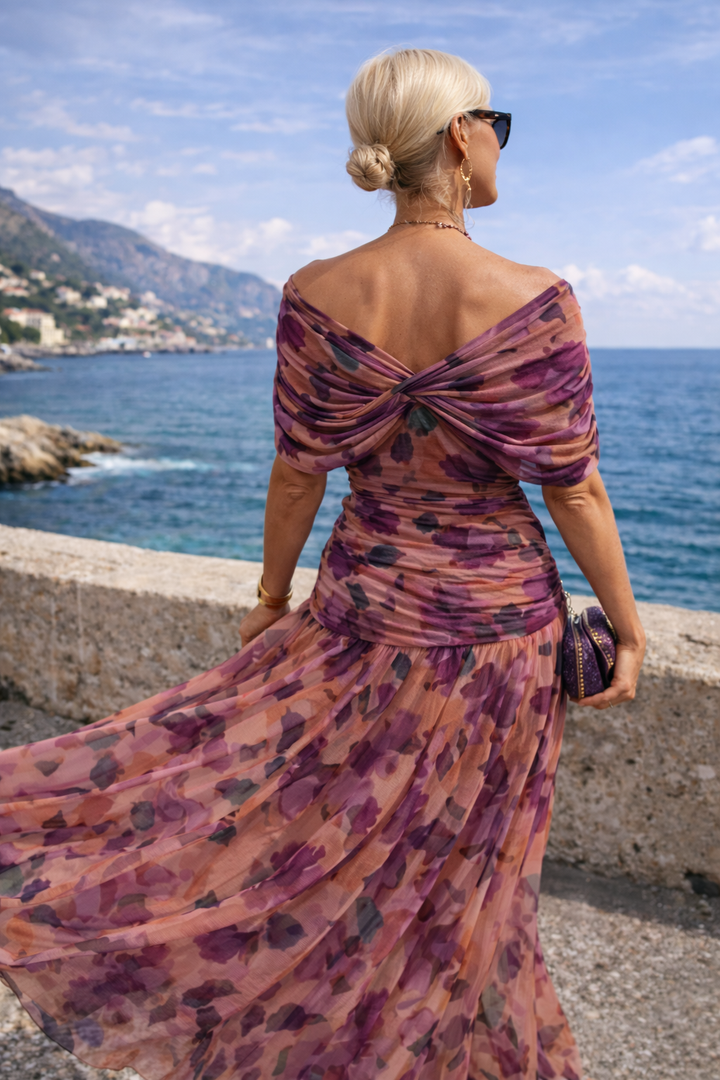 Chiffon Maxi Dress V-Neck Short Sleeve Women