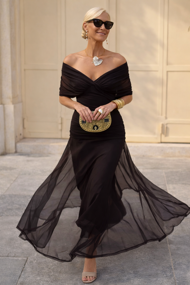 Chiffon Maxi Dress V-Neck Short Sleeve Women