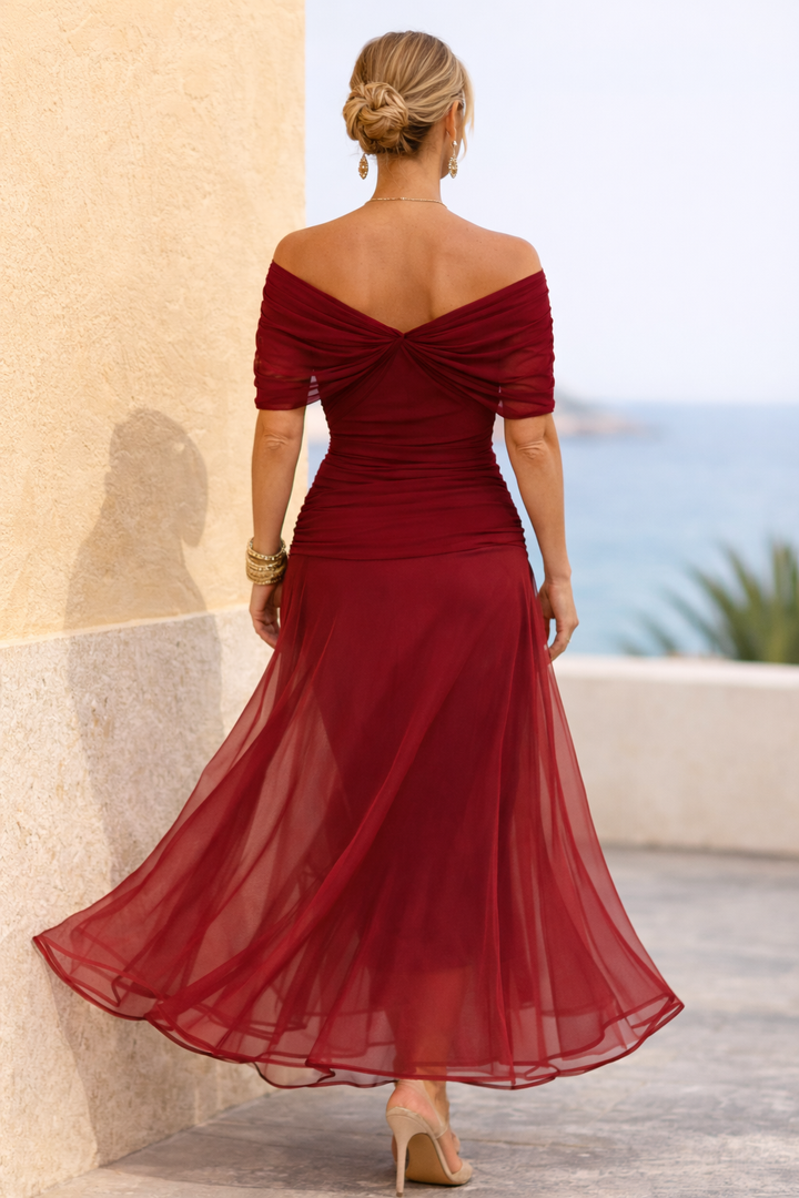 Chiffon Maxi Dress V-Neck Short Sleeve Women