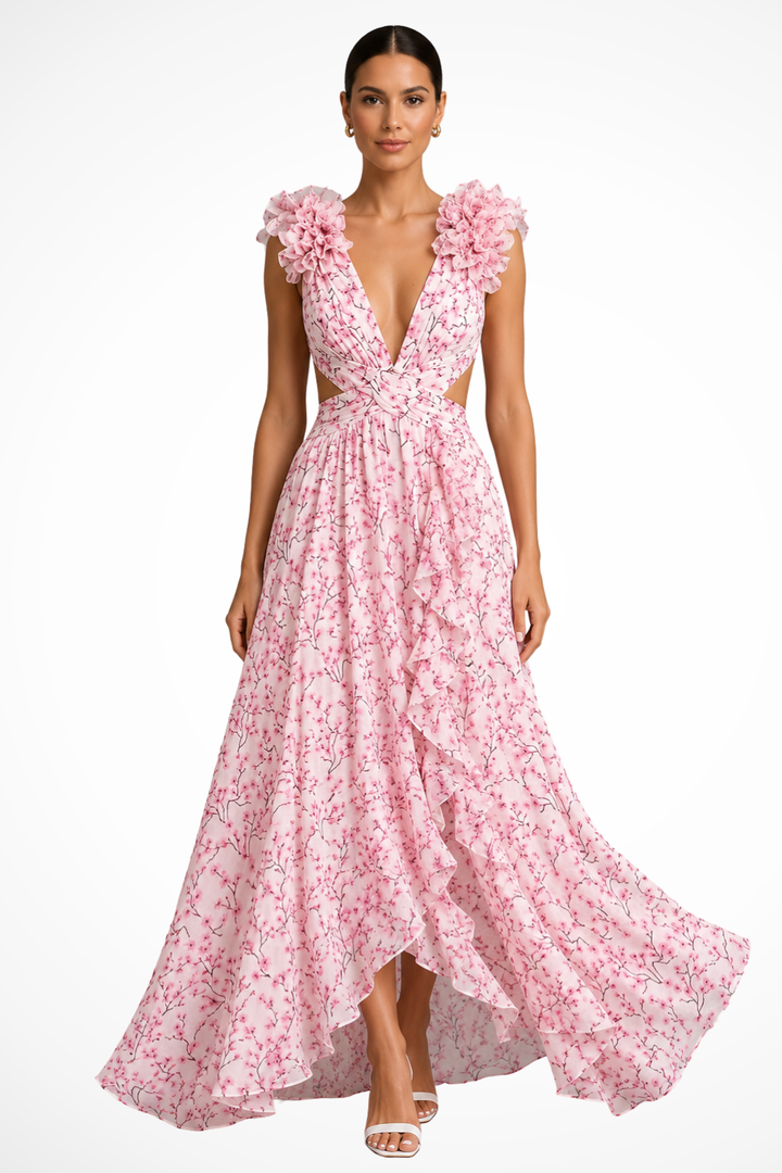 Floral Maxi Dress V-Neck Ruffles Wedding Guest Women