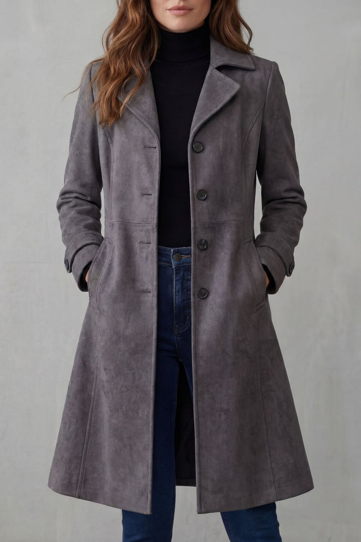 Women's Longline Suede-Effect Coat Vintage Tailored