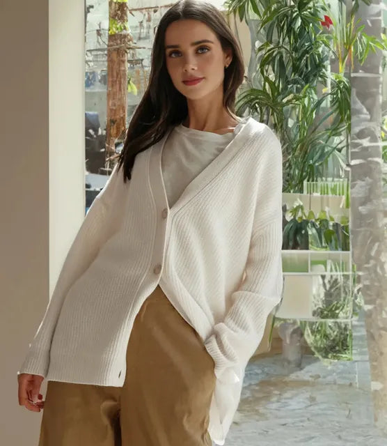 Women Ribbed Knit V-Neck Oversized Cardigan