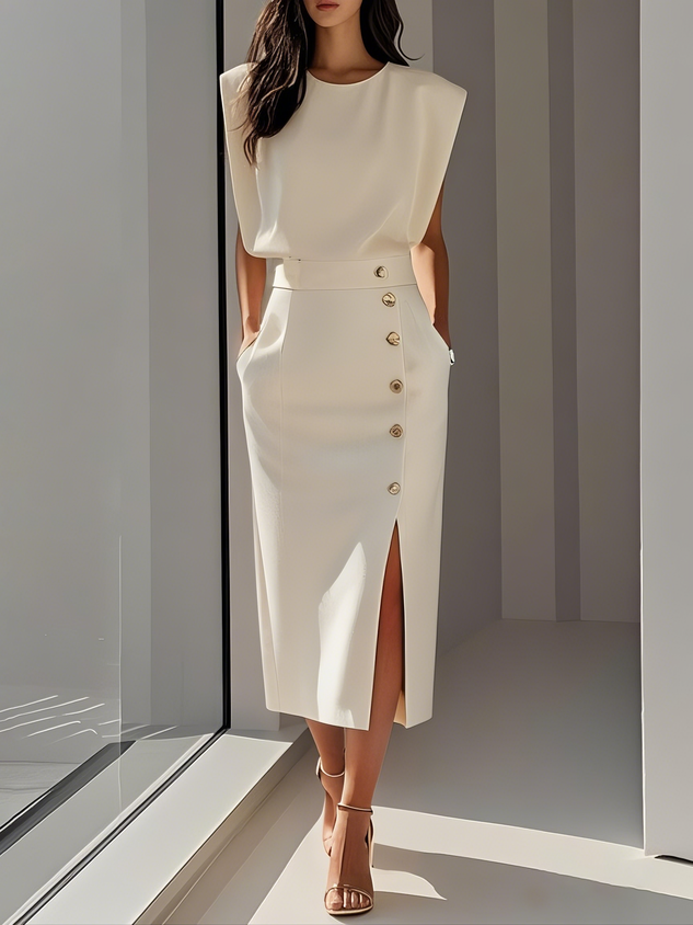 Sleeveless Midi Dress Button Front Leg Split Women