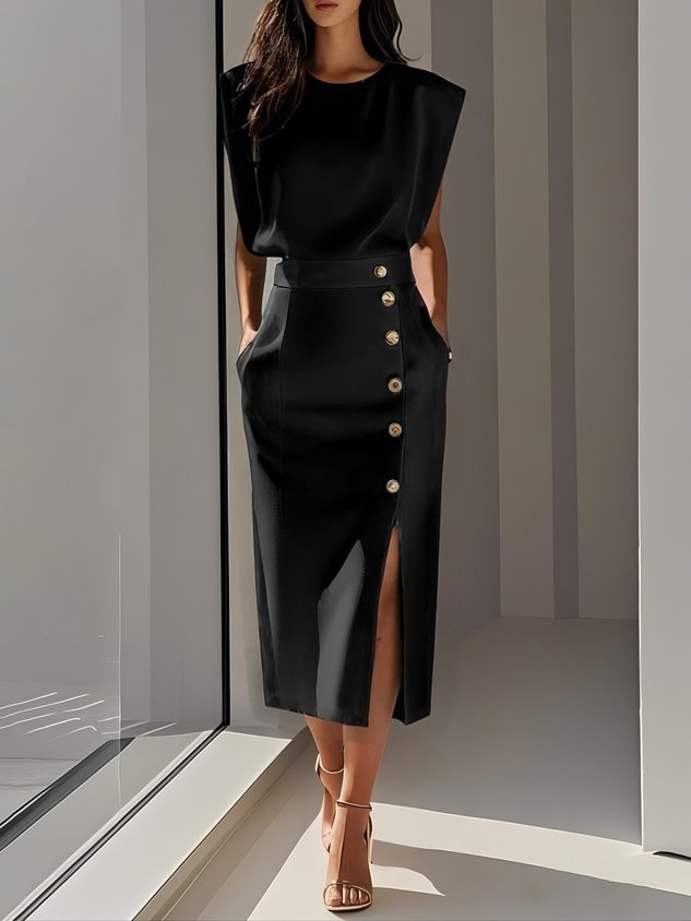 Sleeveless Midi Dress Button Front Leg Split Women