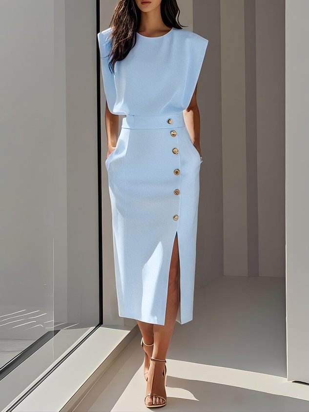 Sleeveless Midi Dress Button Front Leg Split Women