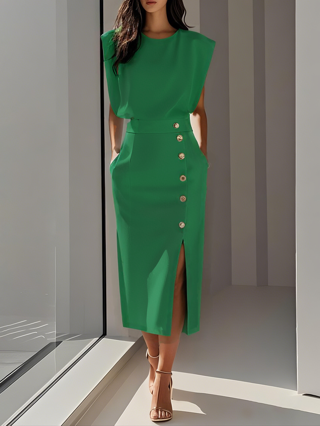 Sleeveless Midi Dress Button Front Leg Split Women