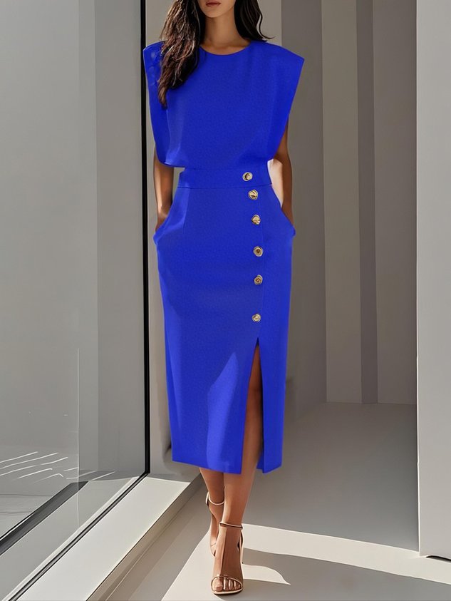Sleeveless Midi Dress Button Front Leg Split Women