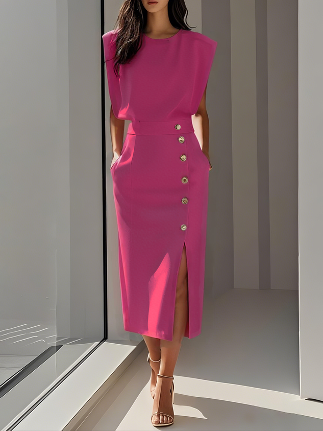 Sleeveless Midi Dress Button Front Leg Split Women