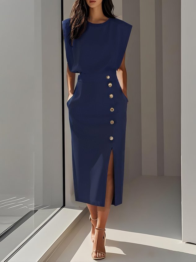 Sleeveless Midi Dress Button Front Leg Split Women