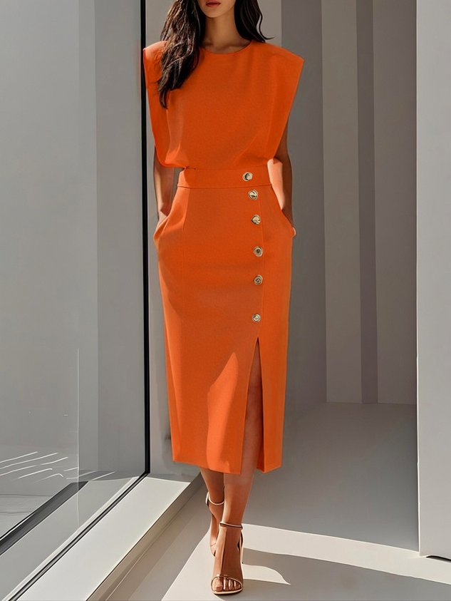 Sleeveless Midi Dress Button Front Leg Split Women