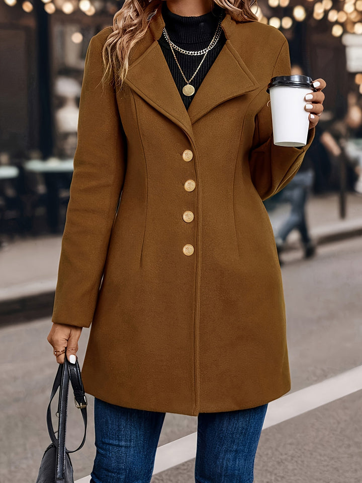 Fitted Wool Coat Gold Buttons Wide Lapel Women