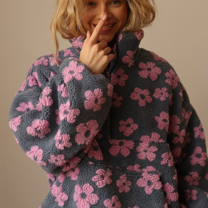 Womens Oversized Floral Fleece Jacket Half Zip