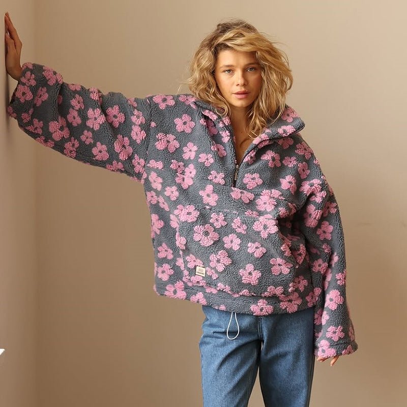 Womens Oversized Floral Fleece Jacket Half Zip