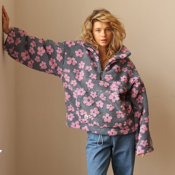 Womens Oversized Floral Fleece Jacket Half Zip