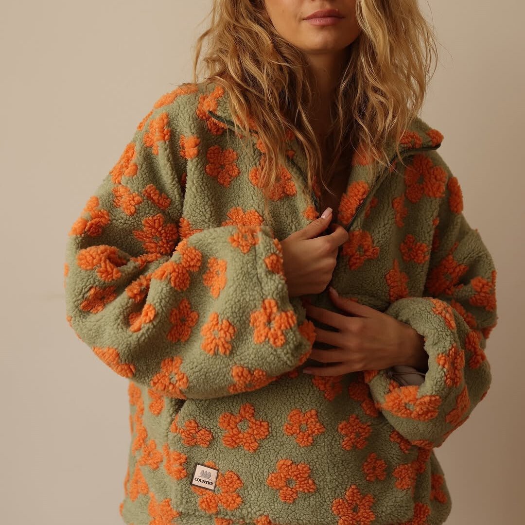 Womens Oversized Floral Fleece Jacket Half Zip