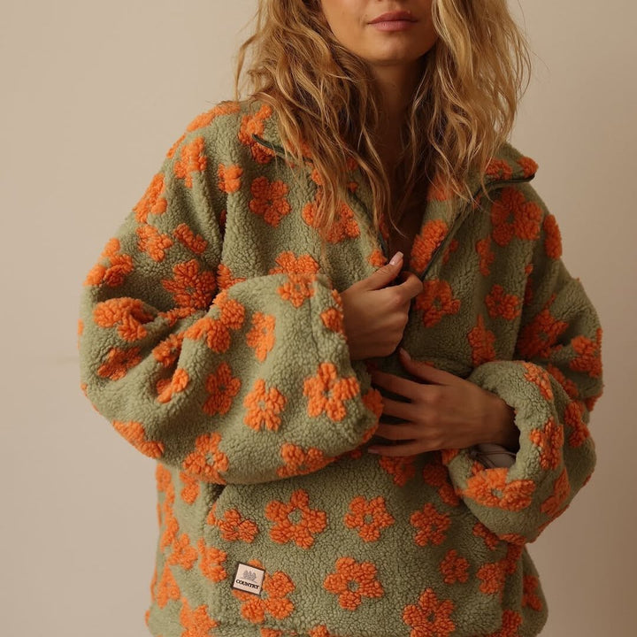Womens Oversized Floral Fleece Jacket Half Zip
