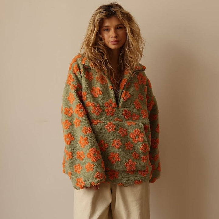 Womens Oversized Floral Fleece Jacket Half Zip