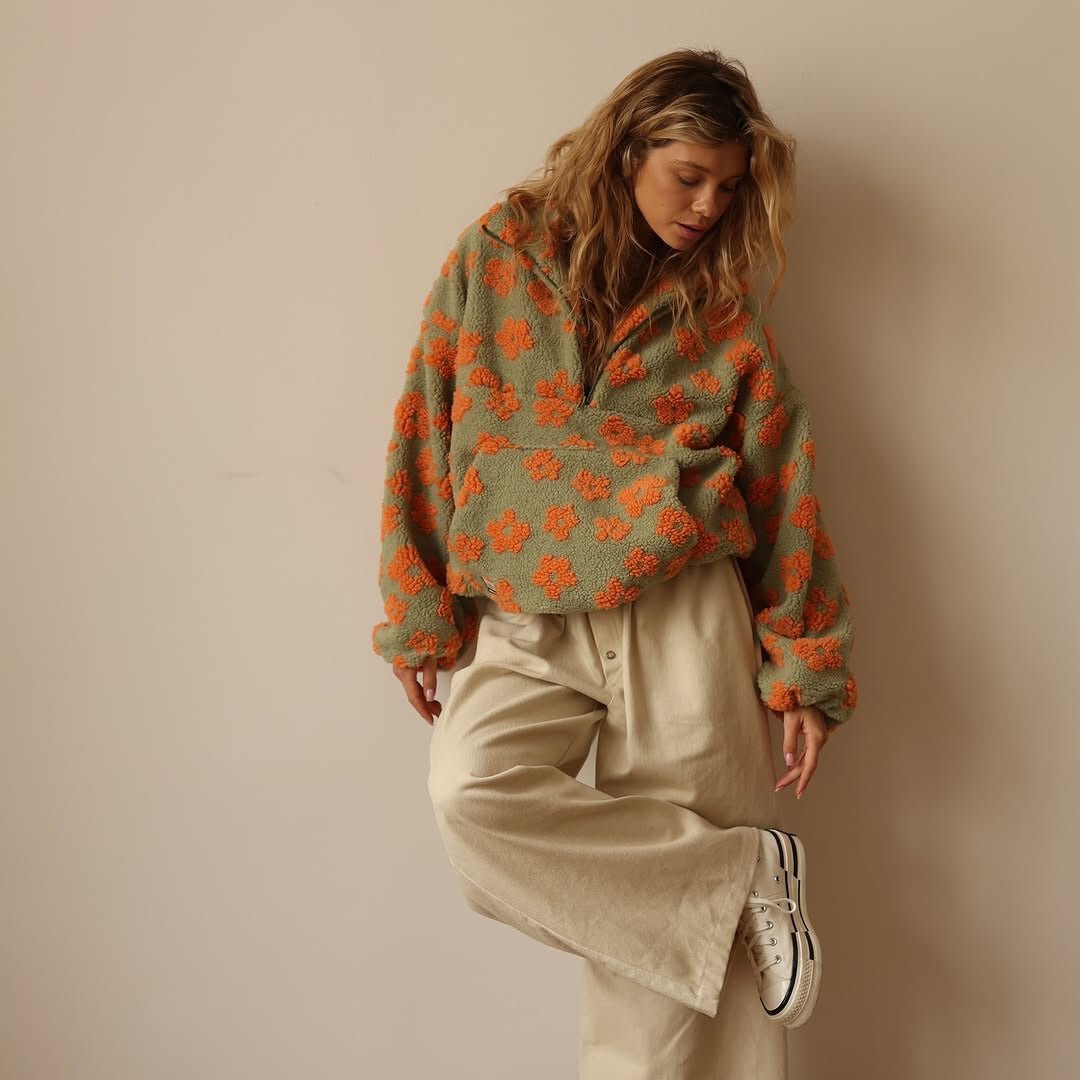 Womens Oversized Floral Fleece Jacket Half Zip
