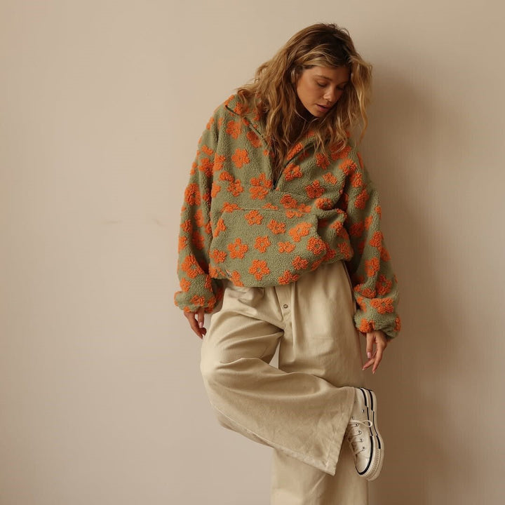 Womens Oversized Floral Fleece Jacket Half Zip