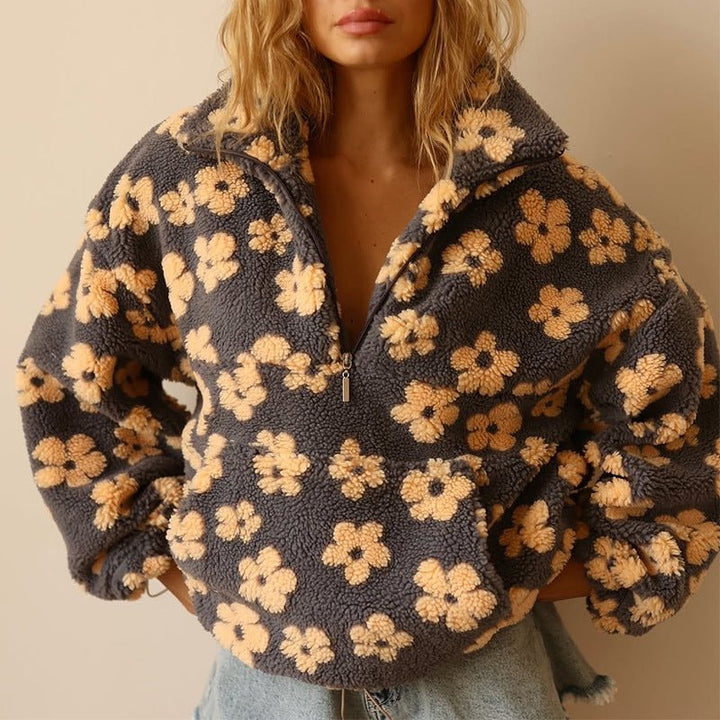Womens Oversized Floral Fleece Jacket Half Zip