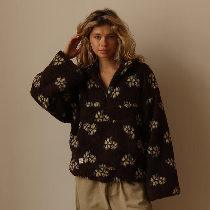 Womens Oversized Floral Fleece Jacket Half Zip