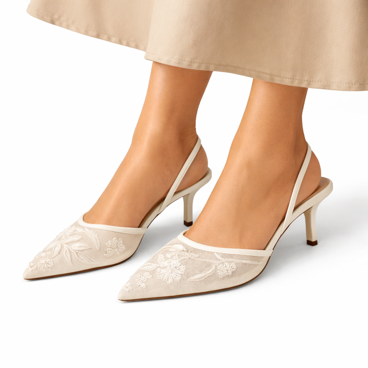 Women Embroidered Mesh Mule Heels Floral Pointed Toe