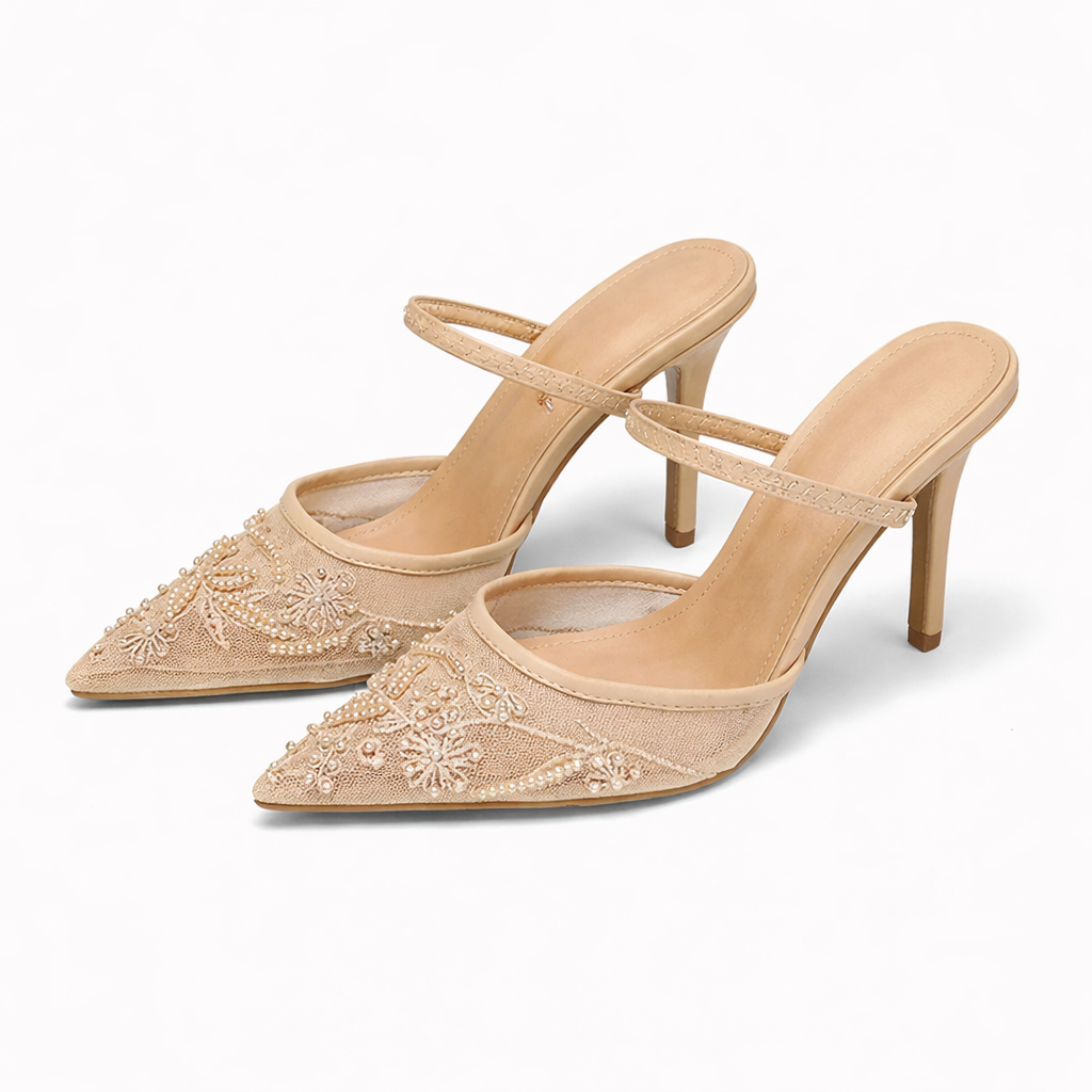 Women Embroidered Mesh Mule Heels Floral Pointed Toe