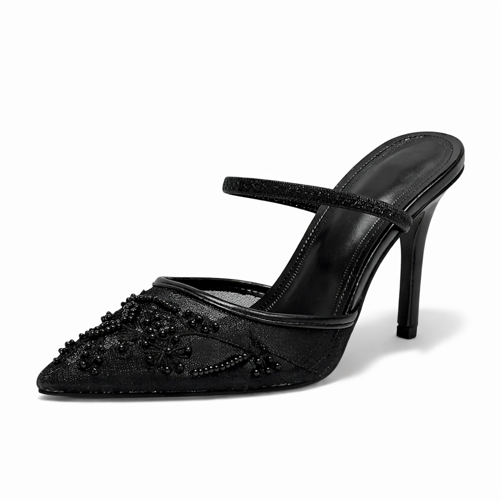 Women Embroidered Mesh Mule Heels Floral Pointed Toe