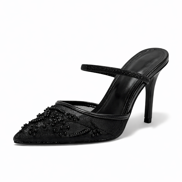 Women Embroidered Mesh Mule Heels Floral Pointed Toe