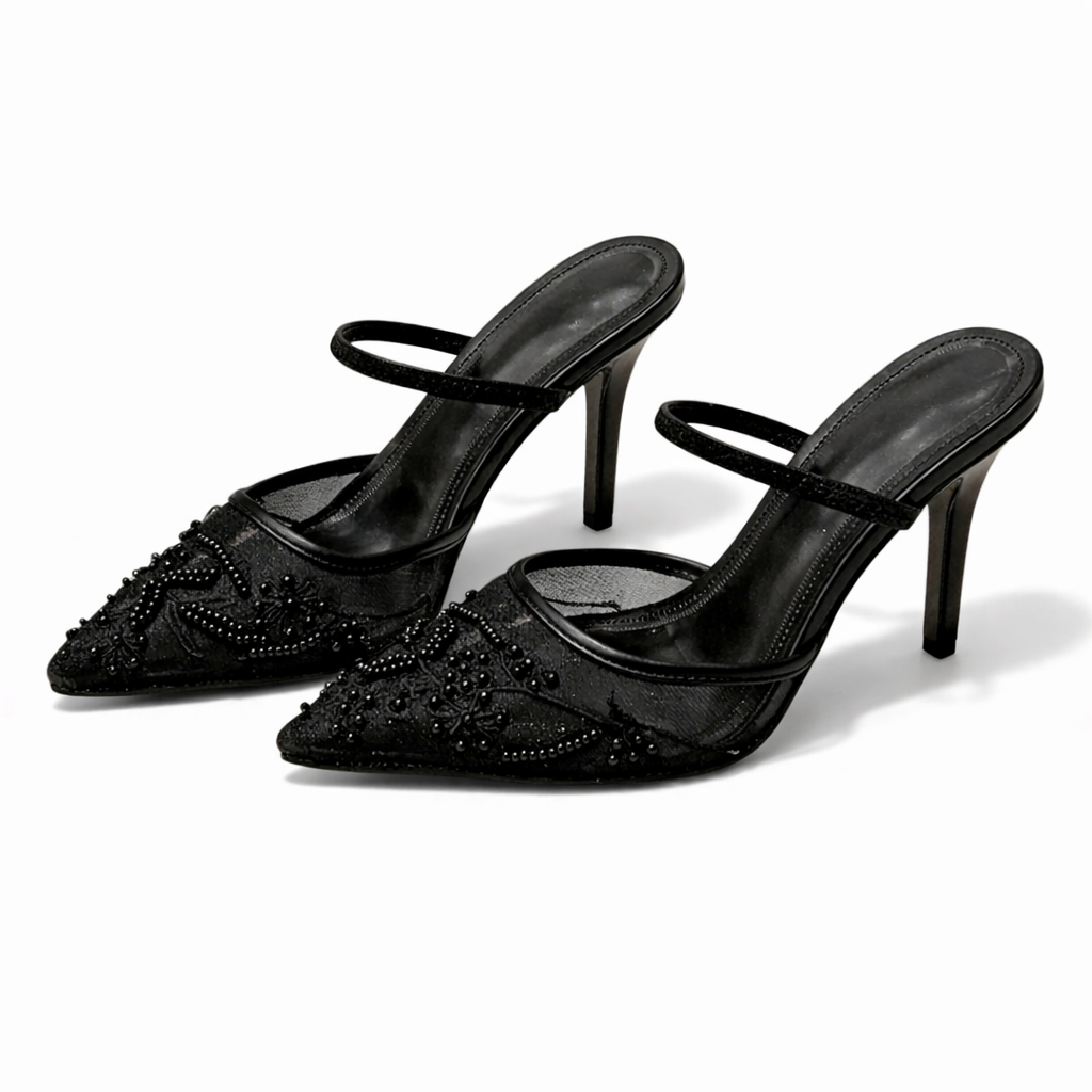 Women Embroidered Mesh Mule Heels Floral Pointed Toe