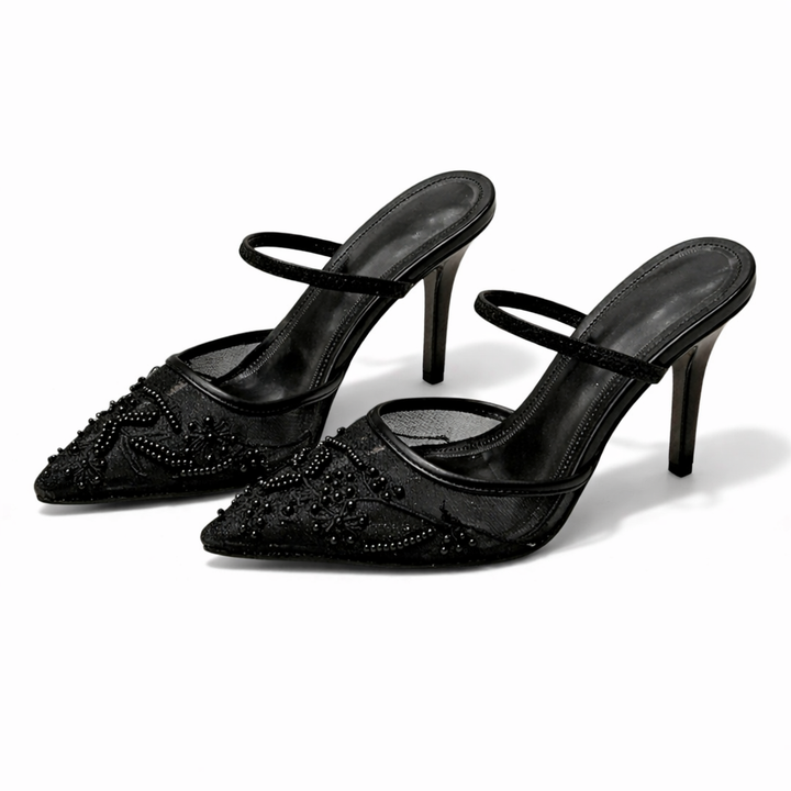 Women Embroidered Mesh Mule Heels Floral Pointed Toe