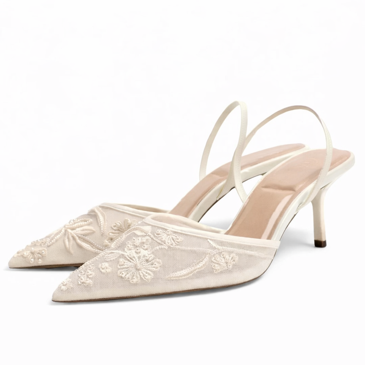 Women Embroidered Mesh Mule Heels Floral Pointed Toe