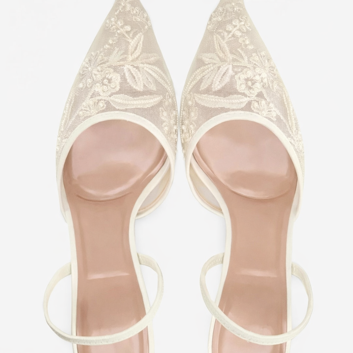 Women Embroidered Mesh Mule Heels Floral Pointed Toe