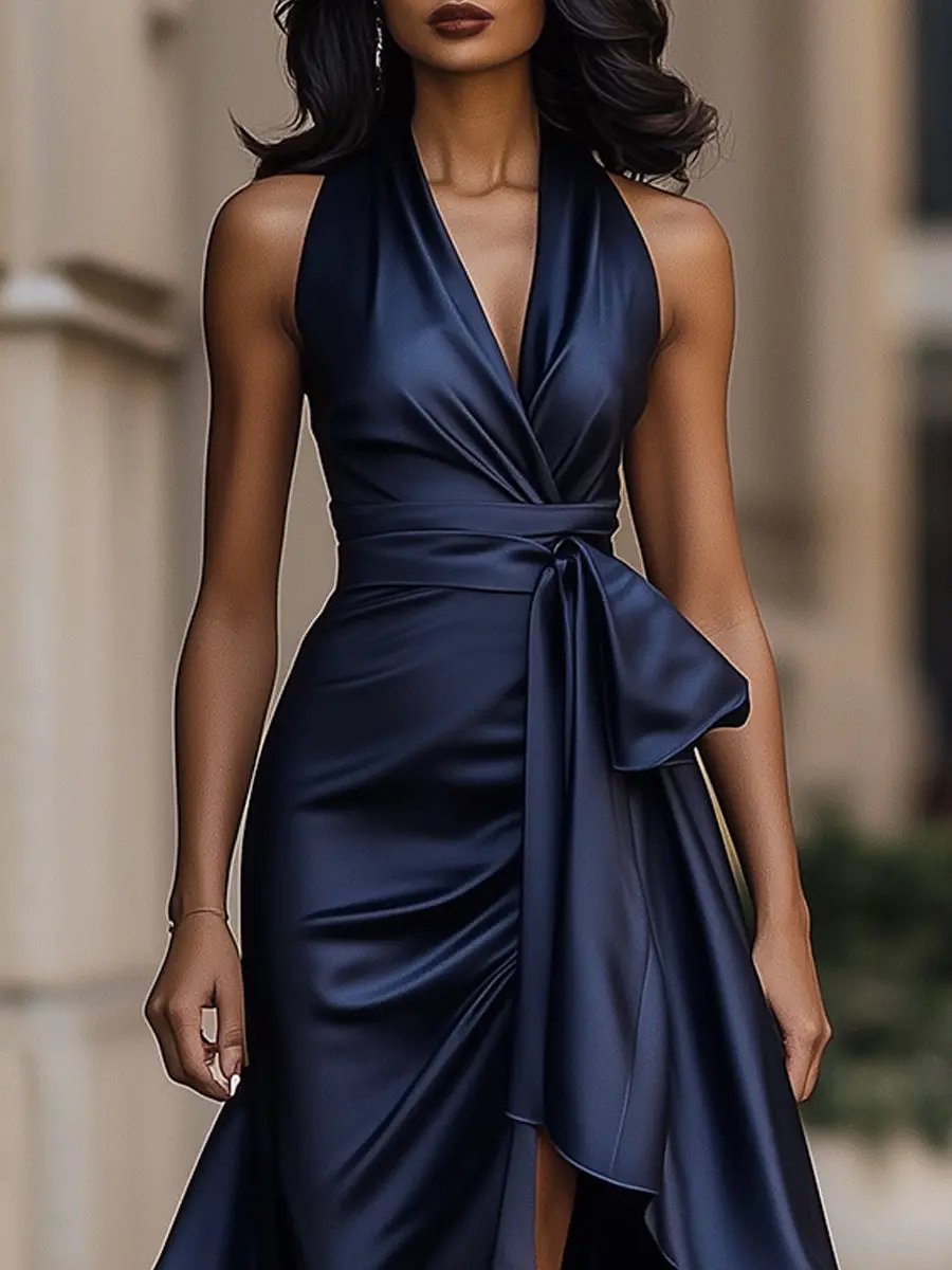 Women Halterneck Wrap Maxi Dress Sleeveless Evening