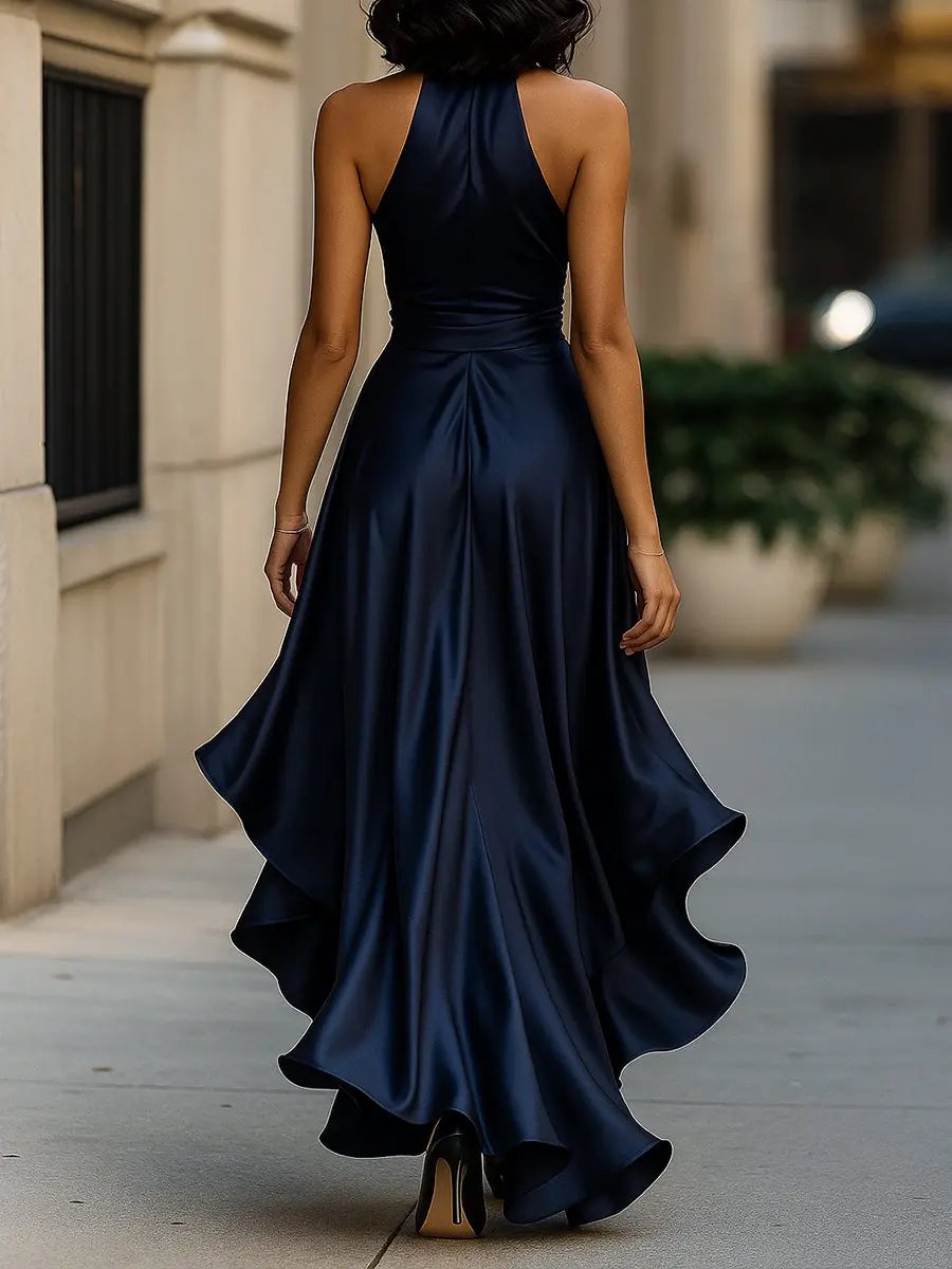 Women Halterneck Wrap Maxi Dress Sleeveless Evening