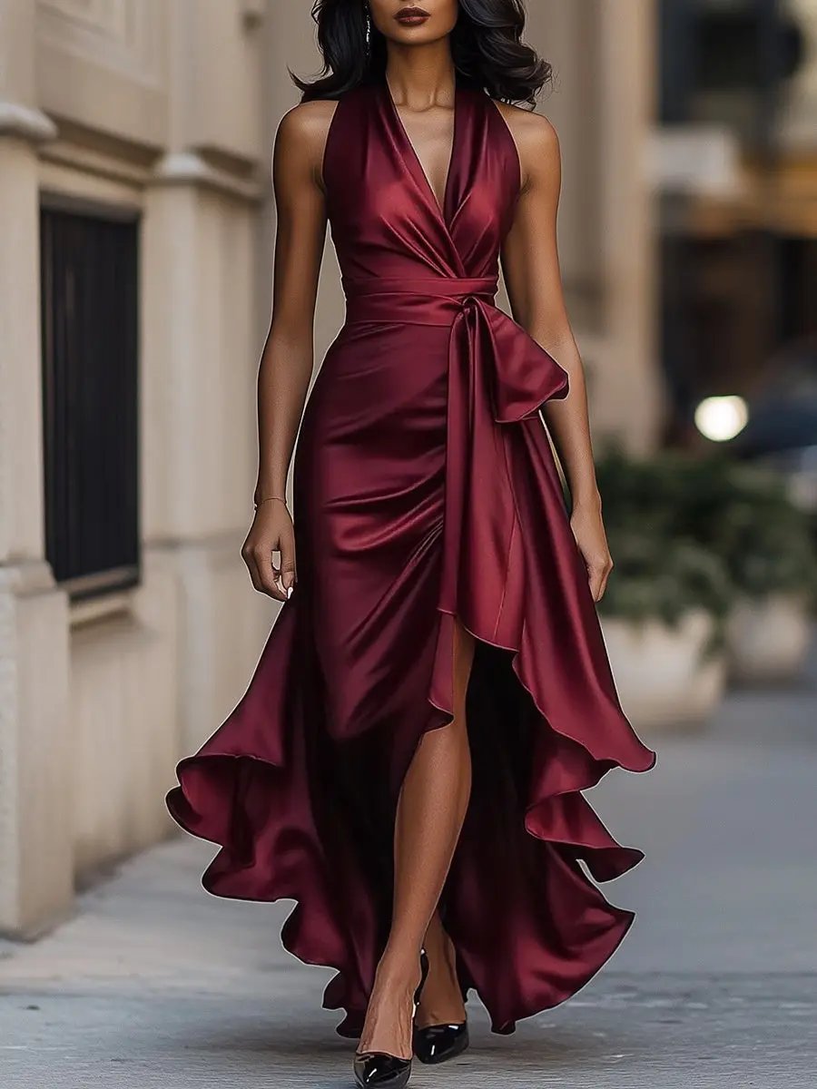 Women Halterneck Wrap Maxi Dress Sleeveless Evening