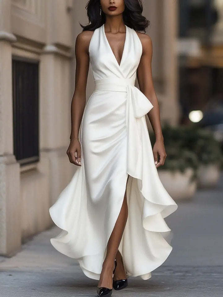 Women Halterneck Wrap Maxi Dress Sleeveless Evening