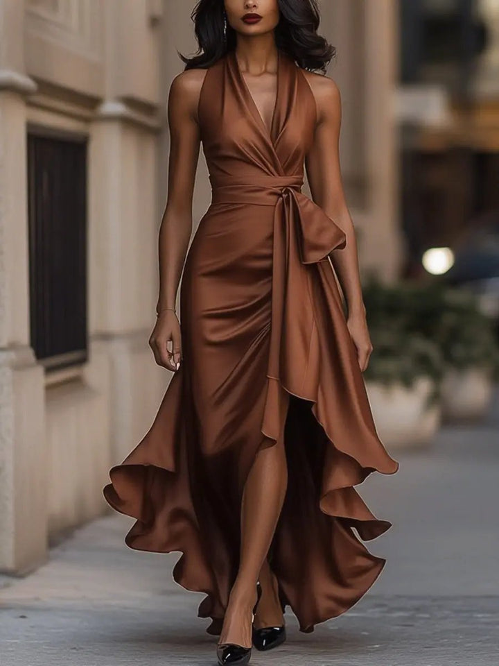 Women Halterneck Wrap Maxi Dress Sleeveless Evening