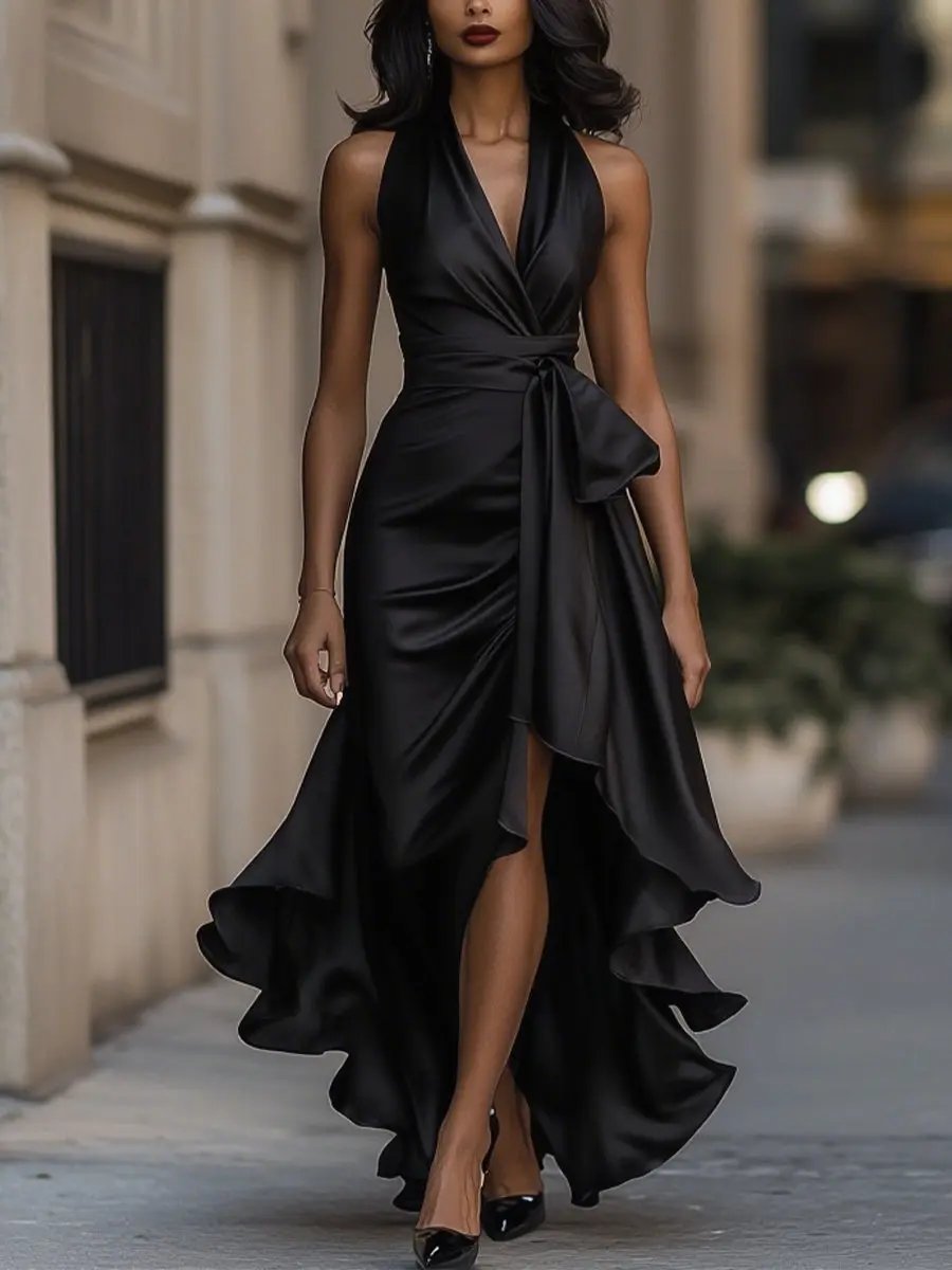 Women Halterneck Wrap Maxi Dress Sleeveless Evening