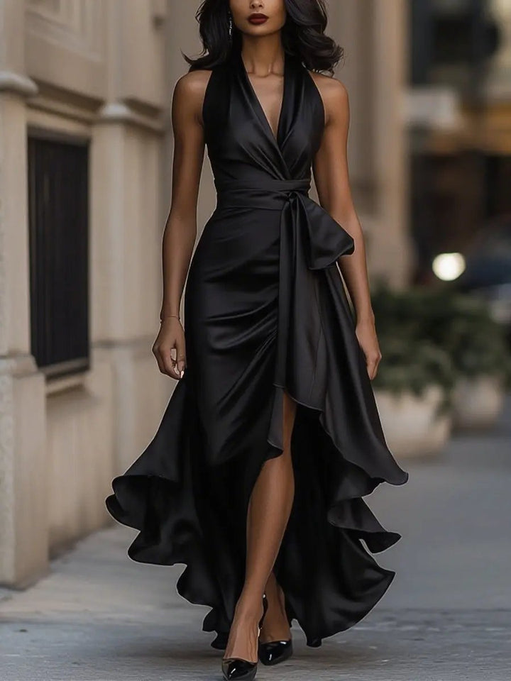 Women Halterneck Wrap Maxi Dress Sleeveless Evening