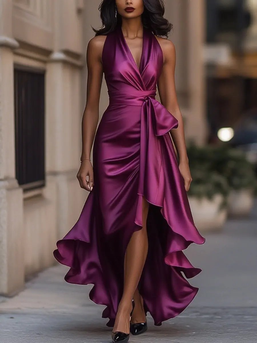 Women Halterneck Wrap Maxi Dress Sleeveless Evening