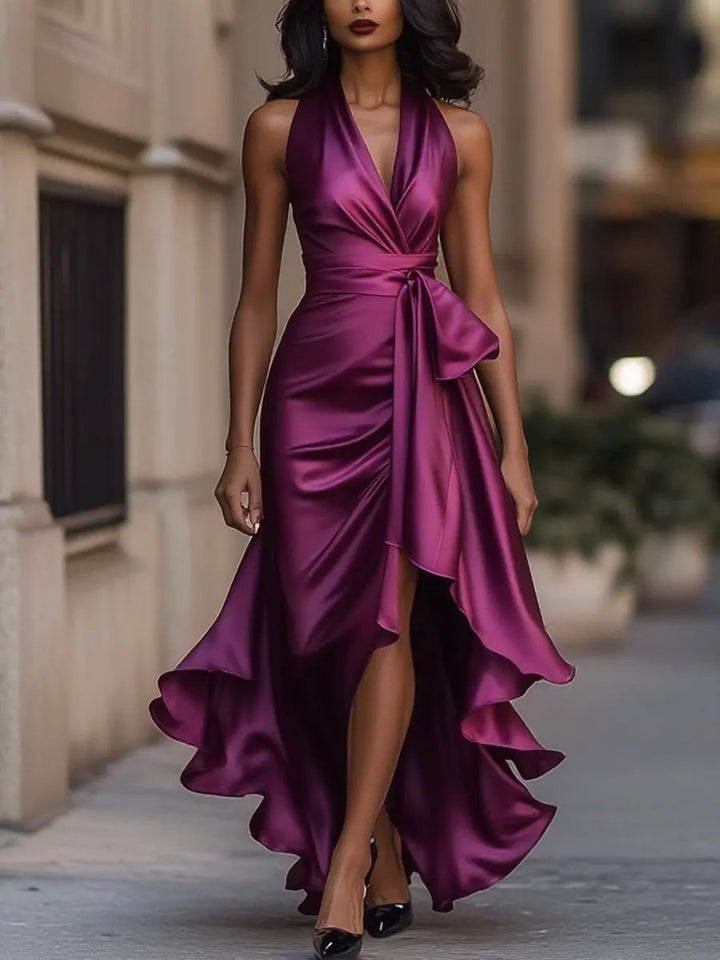 Women Halterneck Wrap Maxi Dress Sleeveless Evening