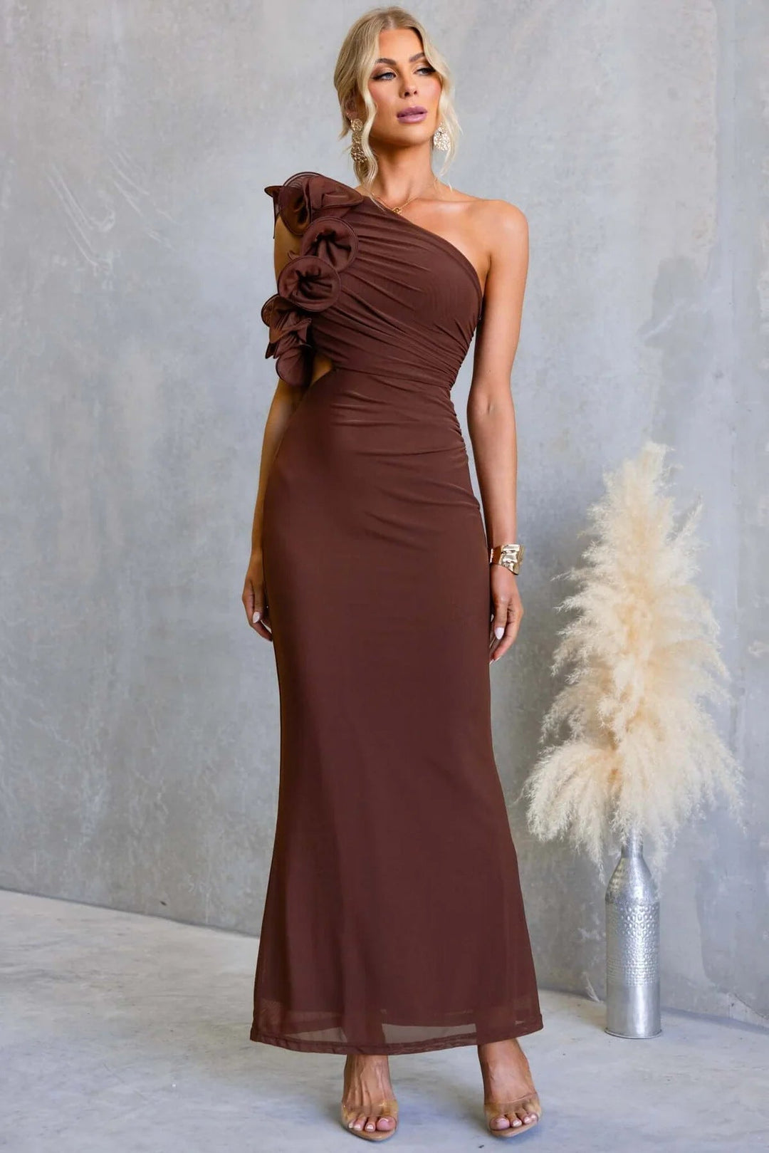 Women One-Shoulder Ruffle Maxi Dress Wedding Guest
